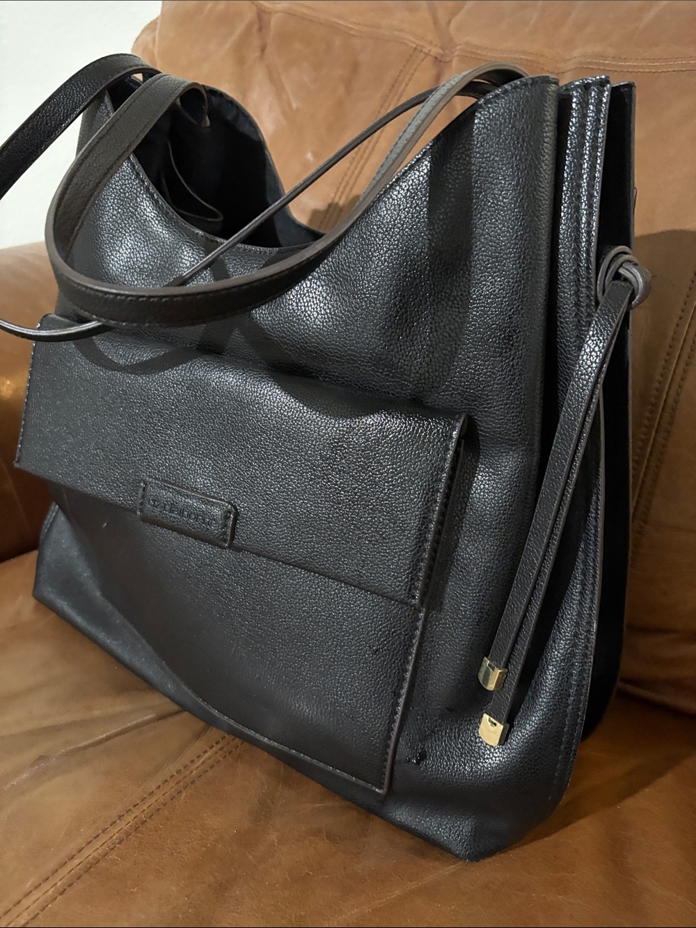 Liz Claiborne Black Pebbled Leather Shoulder Bag with Gold Accents